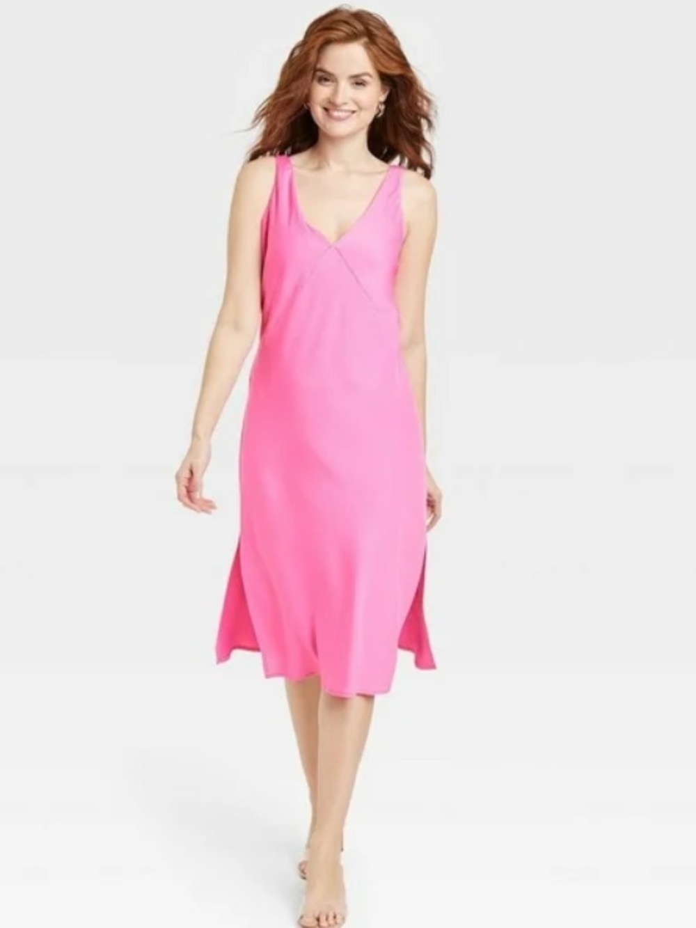 A NEW DAY Sleeveless V-Neck Slip Dress in Bright Pink SIZE S NWT